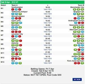 soccer 13 fixtures results and payouts